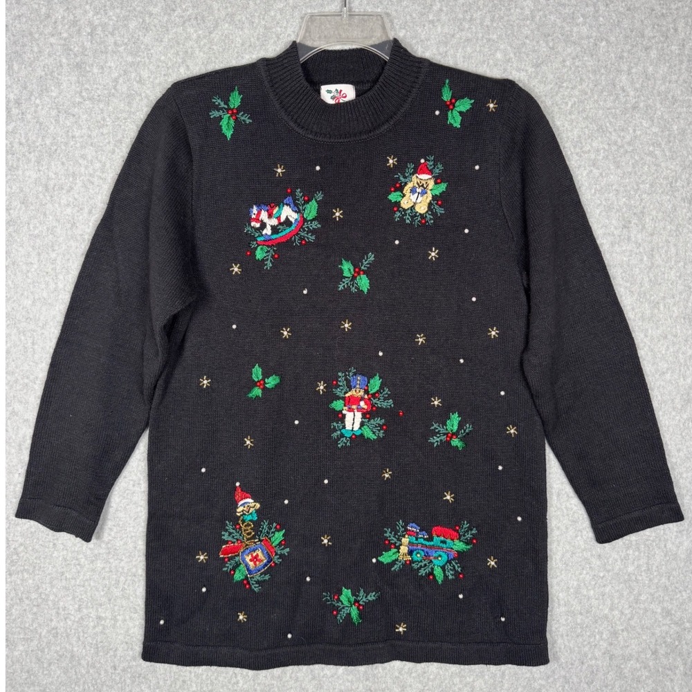 Nutcracker Womens Black Mock Neck Christmas Sweater Pullover Embroidered Medium
